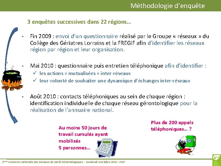 Méthodologie d’enquête 3 enquêtes successives dans 22 régions… - Fin 2009 : envoi d’un