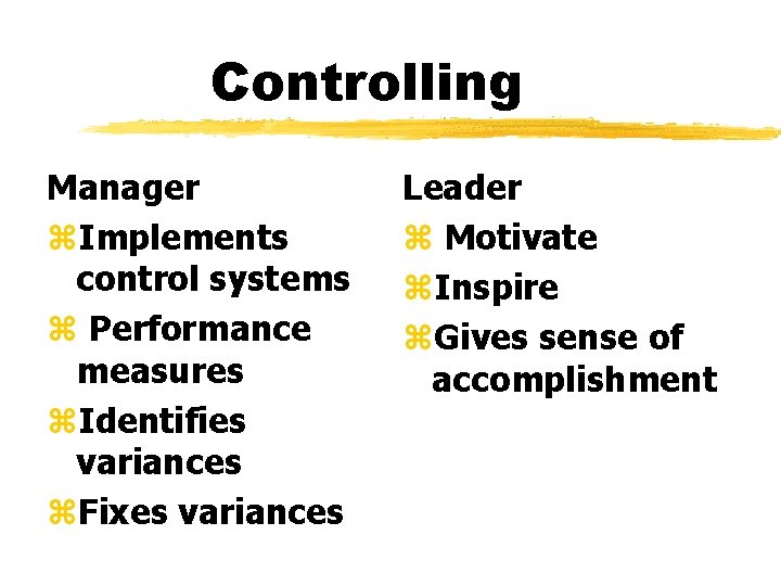 Controlling Manager z. Implements control systems z Performance measures z. Identifies variances z. Fixes