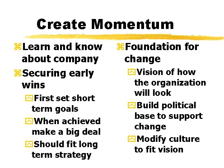 Create Momentum z. Learn and know about company z. Securing early wins y. First