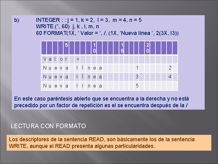 b) INTEGER : : j = 1, k = 2, l = 3, m