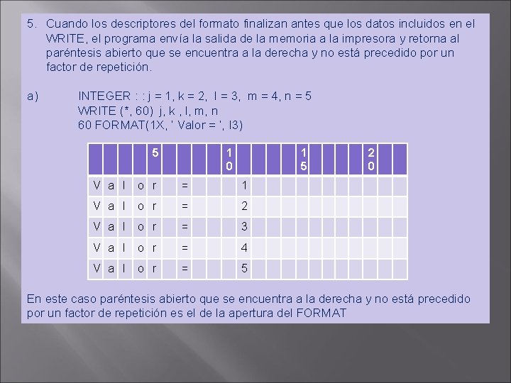 5. Cuando los descriptores del formato finalizan antes que los datos incluidos en el