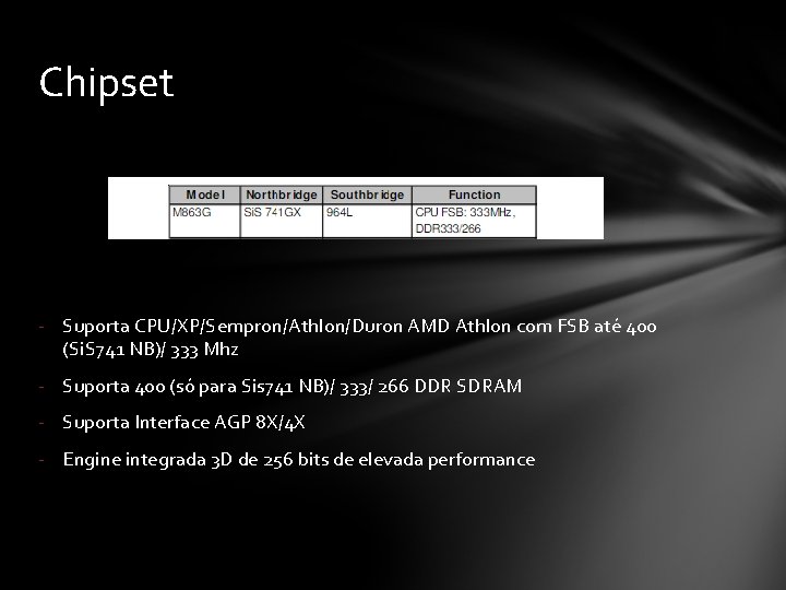 Chipset - Suporta CPU/XP/Sempron/Athlon/Duron AMD Athlon com FSB até 400 (Si. S 741 NB)/