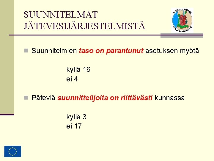 SUUNNITELMAT JÄTEVESIJÄRJESTELMISTÄ n Suunnitelmien taso on parantunut asetuksen myötä kyllä 16 ei 4 n