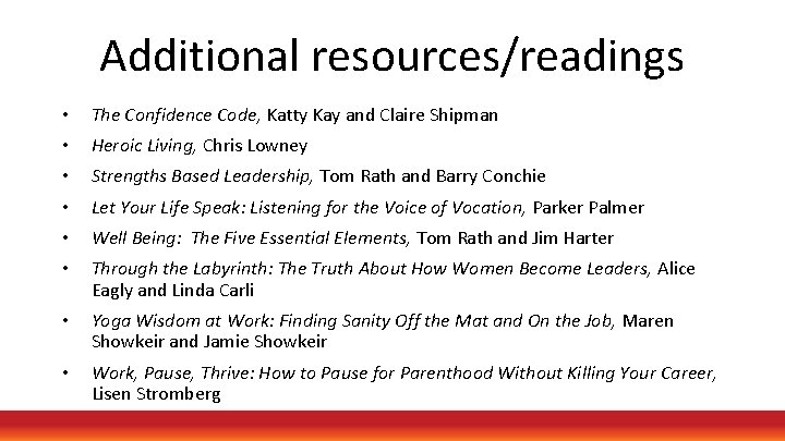 Additional resources/readings • The Confidence Code, Katty Kay and Claire Shipman • Heroic Living,