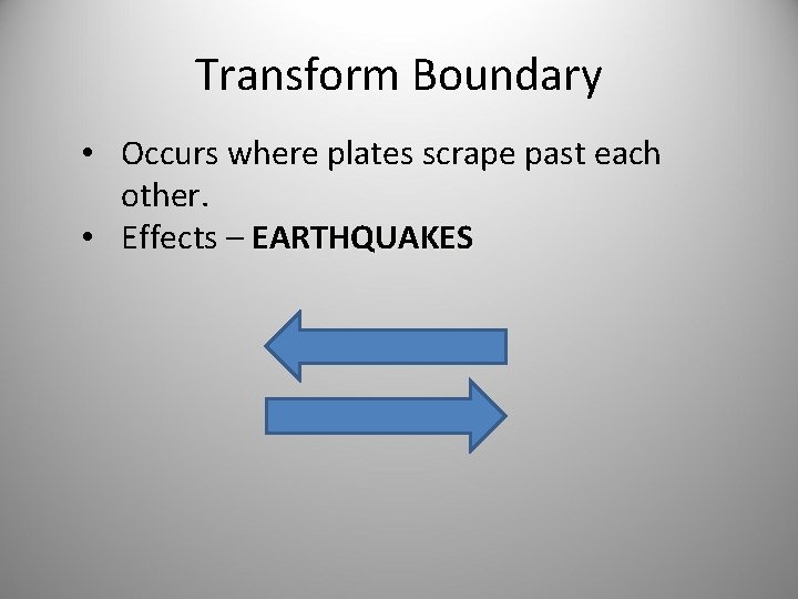 Transform Boundary • Occurs where plates scrape past each other. • Effects – EARTHQUAKES