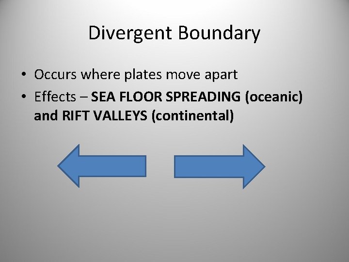 Divergent Boundary • Occurs where plates move apart • Effects – SEA FLOOR SPREADING