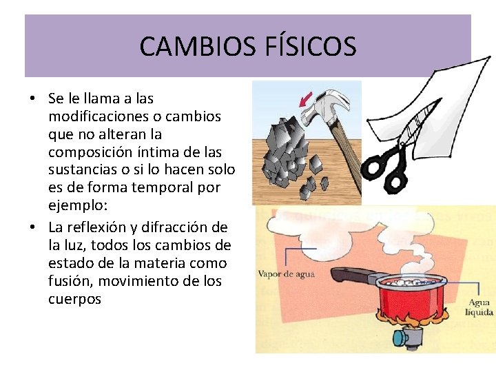 CAMBIOS FÍSICOS • Se le llama a las modificaciones o cambios que no alteran CAMBIOS FÍSICOS • Se le llama a las modificaciones o cambios que no alteran