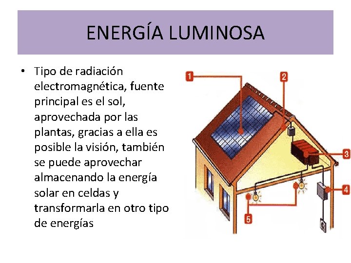 ENERGÍA LUMINOSA • Tipo de radiación electromagnética, fuente principal es el sol, aprovechada por ENERGÍA LUMINOSA • Tipo de radiación electromagnética, fuente principal es el sol, aprovechada por