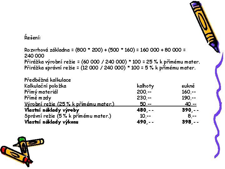 Řešení: Rozvrhová základna = (800 * 200) + (500 * 160) = 160 000