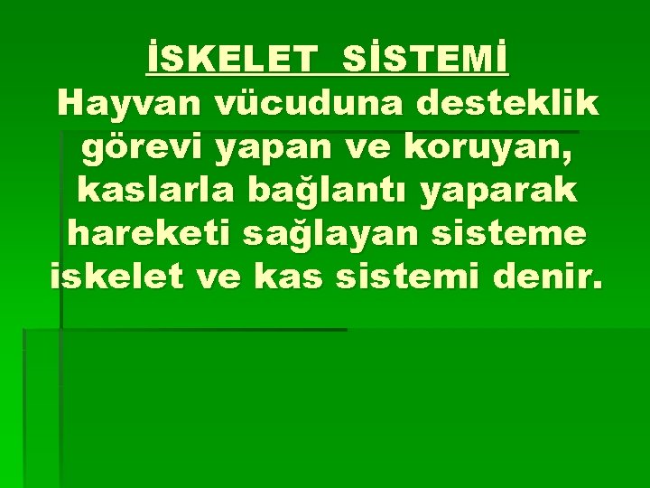 İSKELET SİSTEMİ Hayvan vücuduna desteklik görevi yapan ve koruyan, kaslarla bağlantı yaparak hareketi sağlayan