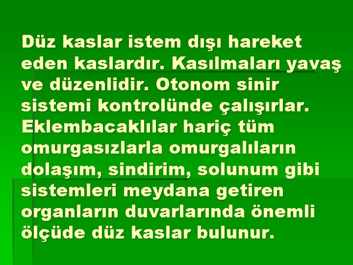 Düz kaslar istem dışı hareket eden kaslardır. Kasılmaları yavaş ve düzenlidir. Otonom sinir sistemi