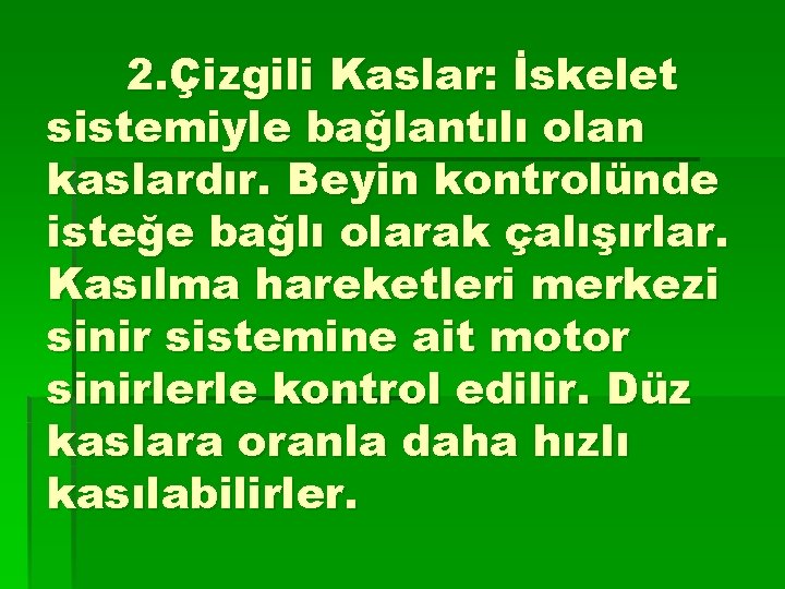 2. Çizgili Kaslar: İskelet sistemiyle bağlantılı olan kaslardır. Beyin kontrolünde isteğe bağlı olarak çalışırlar.