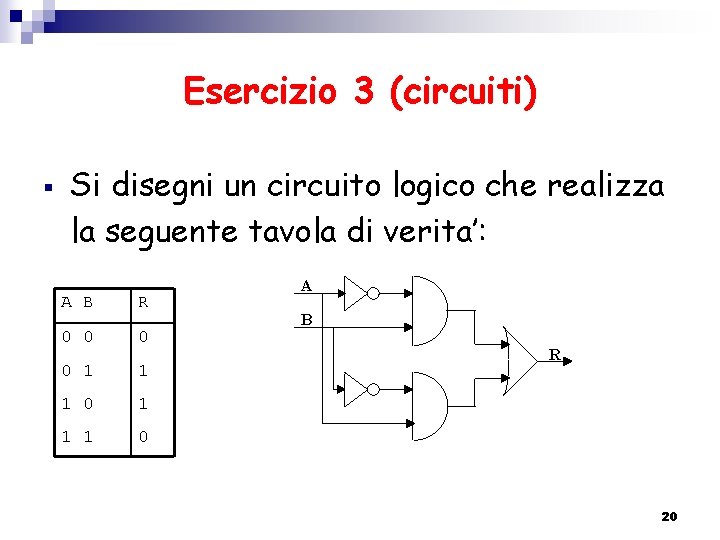 Esercizio 3 (circuiti) § Si disegni un circuito logico che realizza la seguente tavola