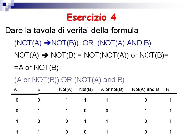 Esercizio 4 Dare la tavola di verita’ della formula (NOT(A) NOT(B)) OR (NOT(A) AND