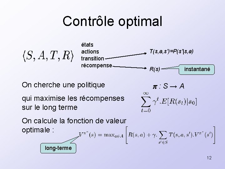 Contrôle optimal états actions transition récompense On cherche une politique T(s, a, s’)=P(s’|s, a)