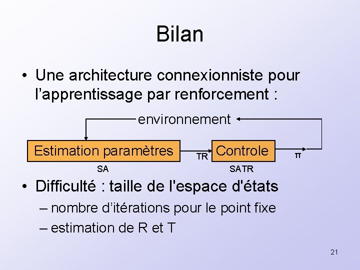 Bilan • Une architecture connexionniste pour l’apprentissage par renforcement : environnement Estimation paramètres SA