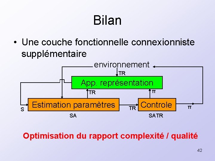 Bilan • Une couche fonctionnelle connexionniste supplémentaire environnement TR App. représentation π TR S
