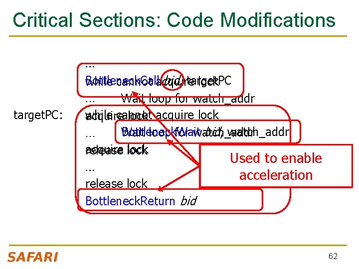 Critical Sections: Code Modifications target. PC: … Bottleneck. Call bid, target. PC while cannot