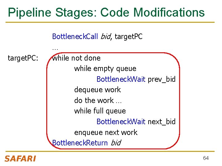 Pipeline Stages: Code Modifications target. PC: Bottleneck. Call bid, target. PC … while not