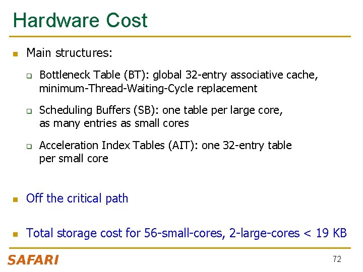 Hardware Cost n Main structures: q q q Bottleneck Table (BT): global 32 -entry