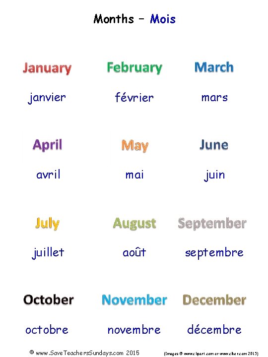 Months – Mois janvier février mars avril mai juin juillet août septembre octobre novembre