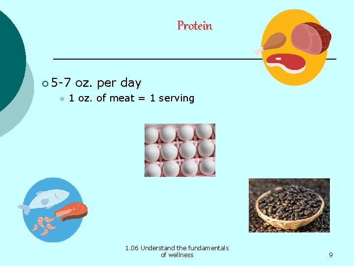 Protein ¡ 5 -7 l oz. per day 1 oz. of meat = 1