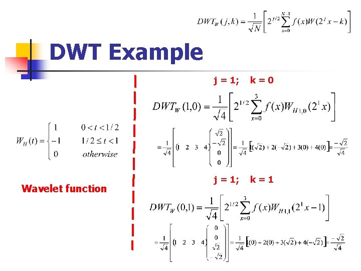 DWT Example Wavelet function j = 1; k=0 j = 1; k=1 