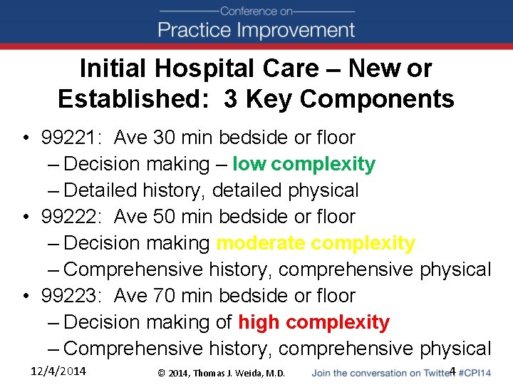 Initial Hospital Care – New or Established: 3 Key Components • 99221: Ave 30