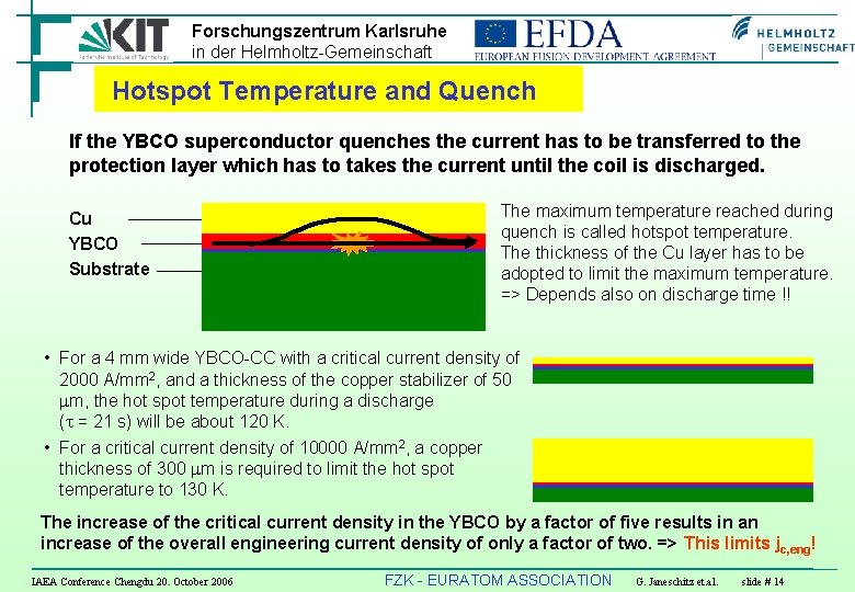Forschungszentrum Karlsruhe in der Helmholtz-Gemeinschaft Hotspot Temperature and Quench If the YBCO superconductor quenches