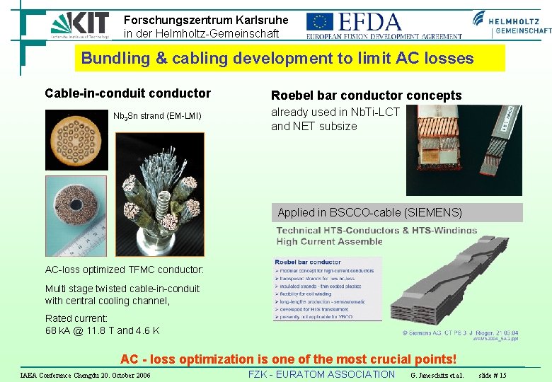 Forschungszentrum Karlsruhe in der Helmholtz-Gemeinschaft Bundling & cabling development to limit AC losses Cable-in-conduit