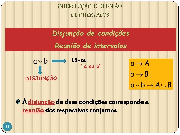 INTERSECÇÃO E REUNIÃO DE INTERVALOS Disjunção de condições Reunião de intervalos Lê-se: “ a