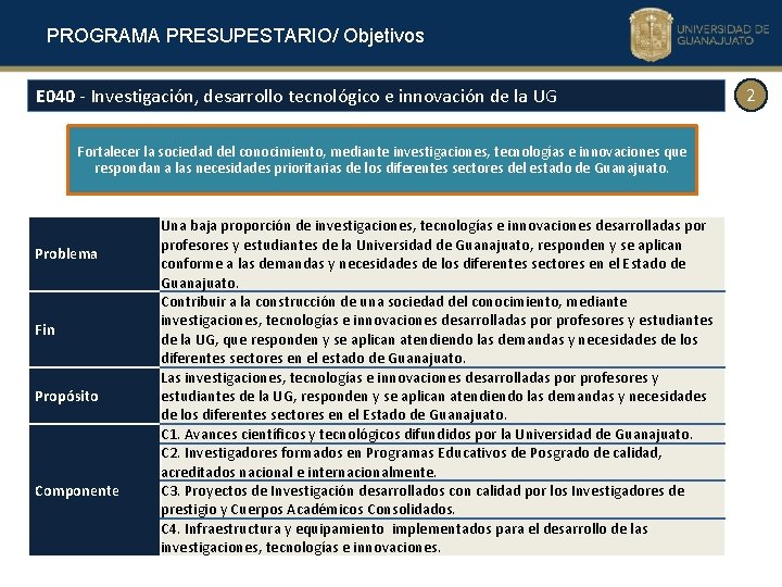 PROGRAMA PRESUPESTARIO/ Objetivos E 040 - Investigación, desarrollo tecnológico e innovación de la UG