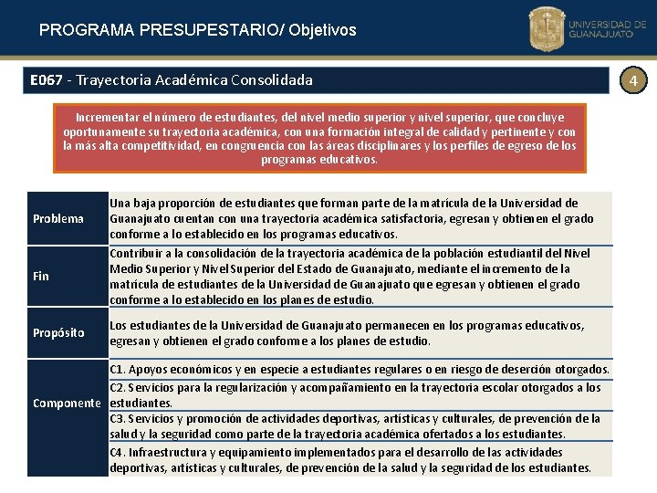PROGRAMA PRESUPESTARIO/ Objetivos E 067 - Trayectoria Académica Consolidada Incrementar el número de estudiantes,