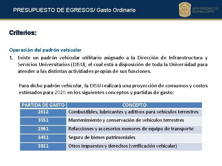 PRESUPUESTO DE EGRESOS/ Gasto Ordinario Criterios: Operación del padrón vehicular 1. Existe un padrón