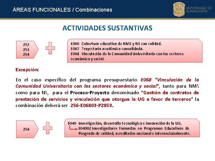 ÁREAS FUNCIONALES / Combinaciones ACTIVIDADES SUSTANTIVAS 252 253 254 E 066 Cobertura educativa de