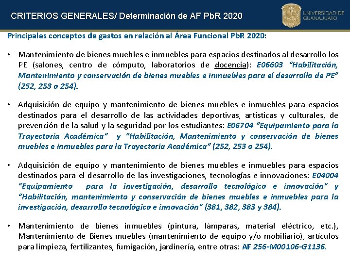CRITERIOS GENERALES/ Determinación de AF Pb. R 2020 Principales conceptos de gastos en relación