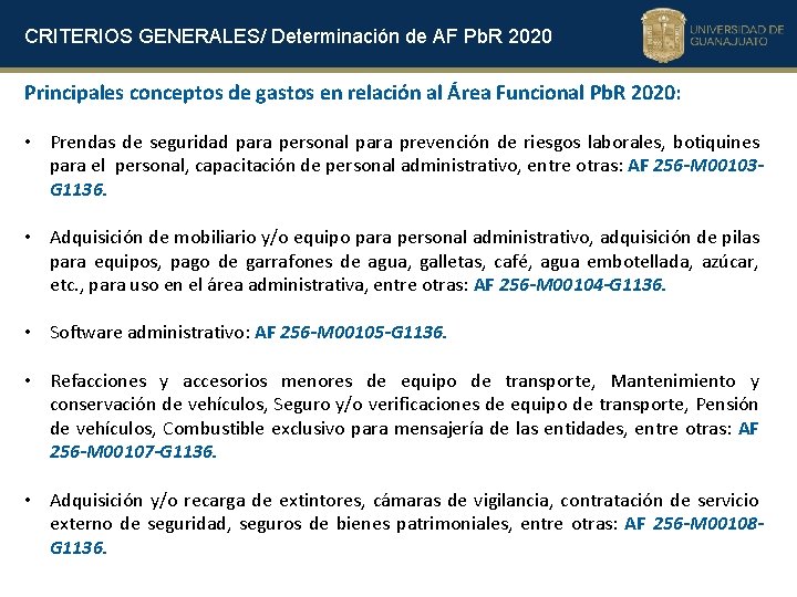 CRITERIOS GENERALES/ Determinación de AF Pb. R 2020 Principales conceptos de gastos en relación