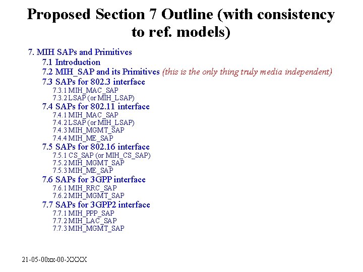 Proposed Section 7 Outline (with consistency to ref. models) 7. MIH SAPs and Primitives