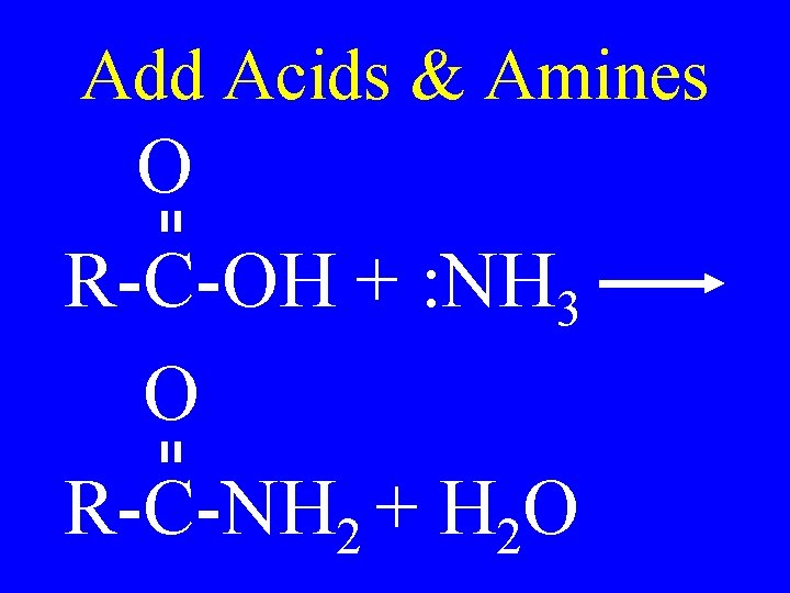 Add Acids & Amines O R-C-OH + : NH 3 O R-C-NH 2 +