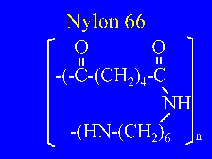 Nylon 66 O O -(-C-(CH 2)4 -C NH -(HN-(CH 2)6 n 