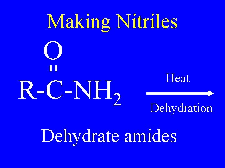 Making Nitriles O R-C-NH 2 Heat Dehydration Dehydrate amides 