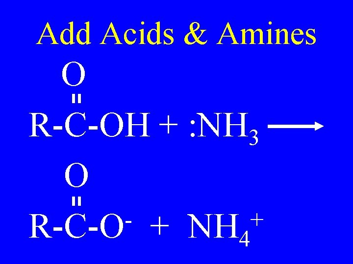 Add Acids & Amines O R-C-OH + : NH 3 O + R-C-O +
