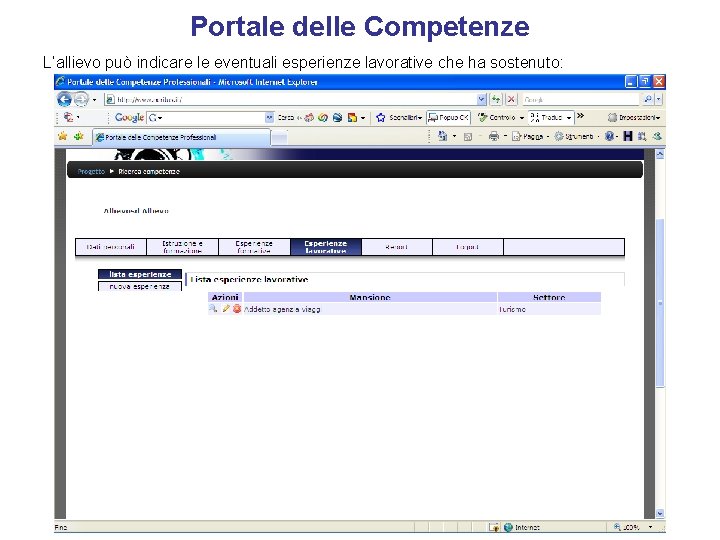 Portale delle Competenze L’allievo può indicare le eventuali esperienze lavorative che ha sostenuto: 