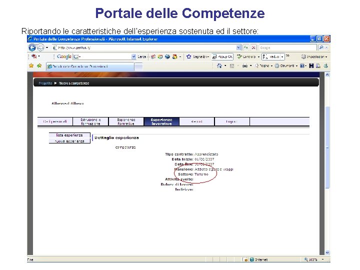 Portale delle Competenze Riportando le caratteristiche dell’esperienza sostenuta ed il settore: 