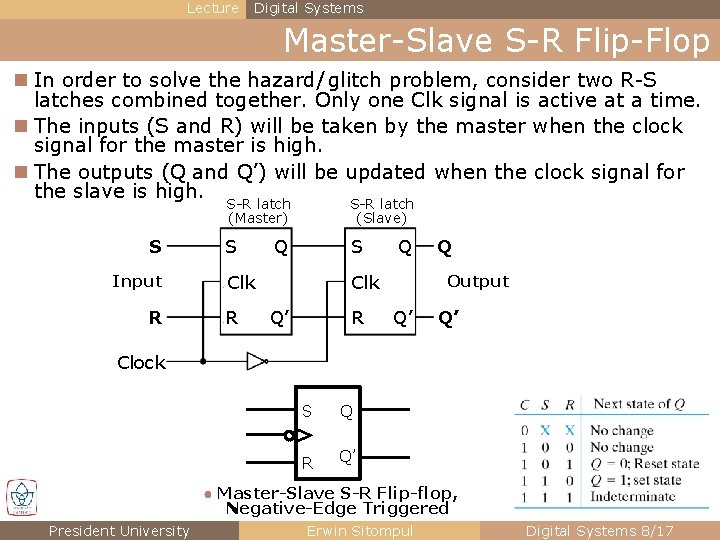 Lecture Digital Systems Master-Slave S-R Flip-Flop n In order to solve the hazard/ glitch