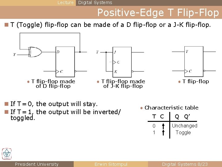 Lecture Digital Systems Positive-Edge T Flip-Flop n T (Toggle) flip-flop can be made of