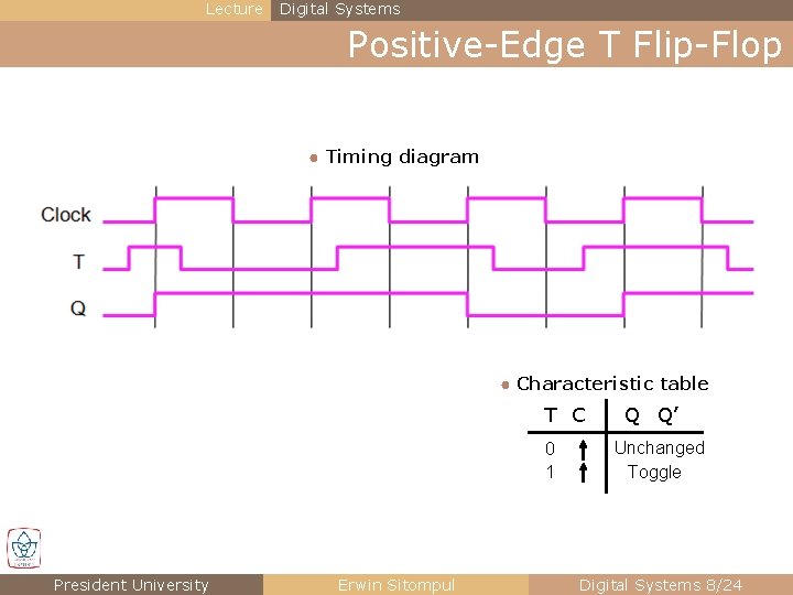 Lecture Digital Systems Positive-Edge T Flip-Flop ● Timing diagram ● Characteristic table T C