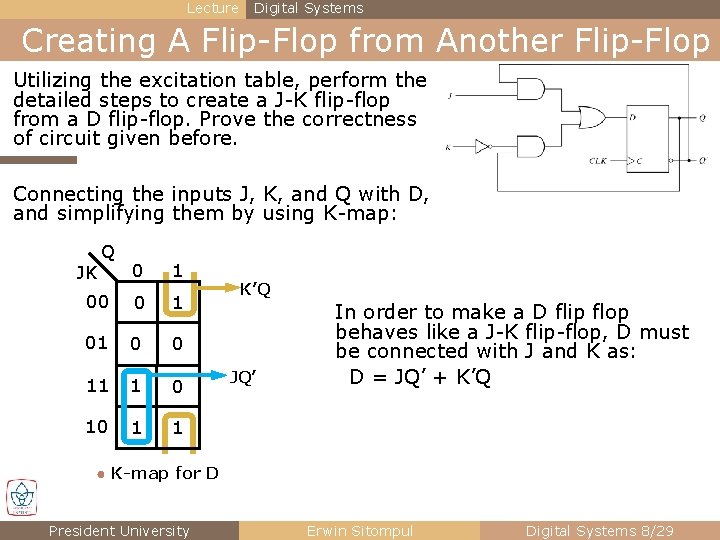Lecture Digital Systems Creating A Flip-Flop from Another Flip-Flop Utilizing the excitation table, perform