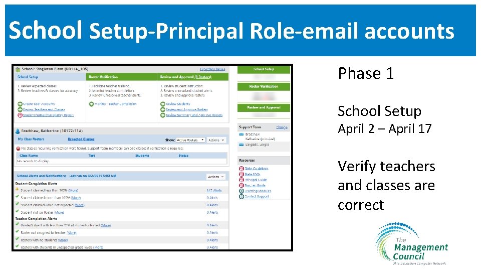 School Setup-Principal Role-email accounts Phase 1 School Setup April 2 – April 17 Verify