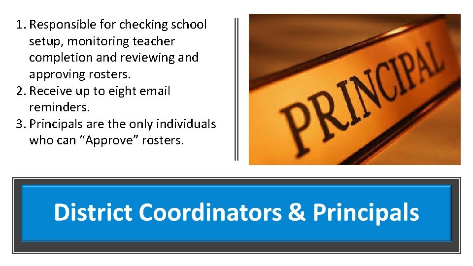 1. Responsible for checking school setup, monitoring teacher completion and reviewing and approving rosters.